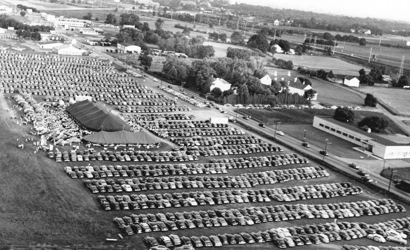 Aerial view of the revival tents and overflow parking