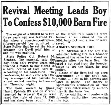 Newspaper clipping about a boy confessing a barn fire