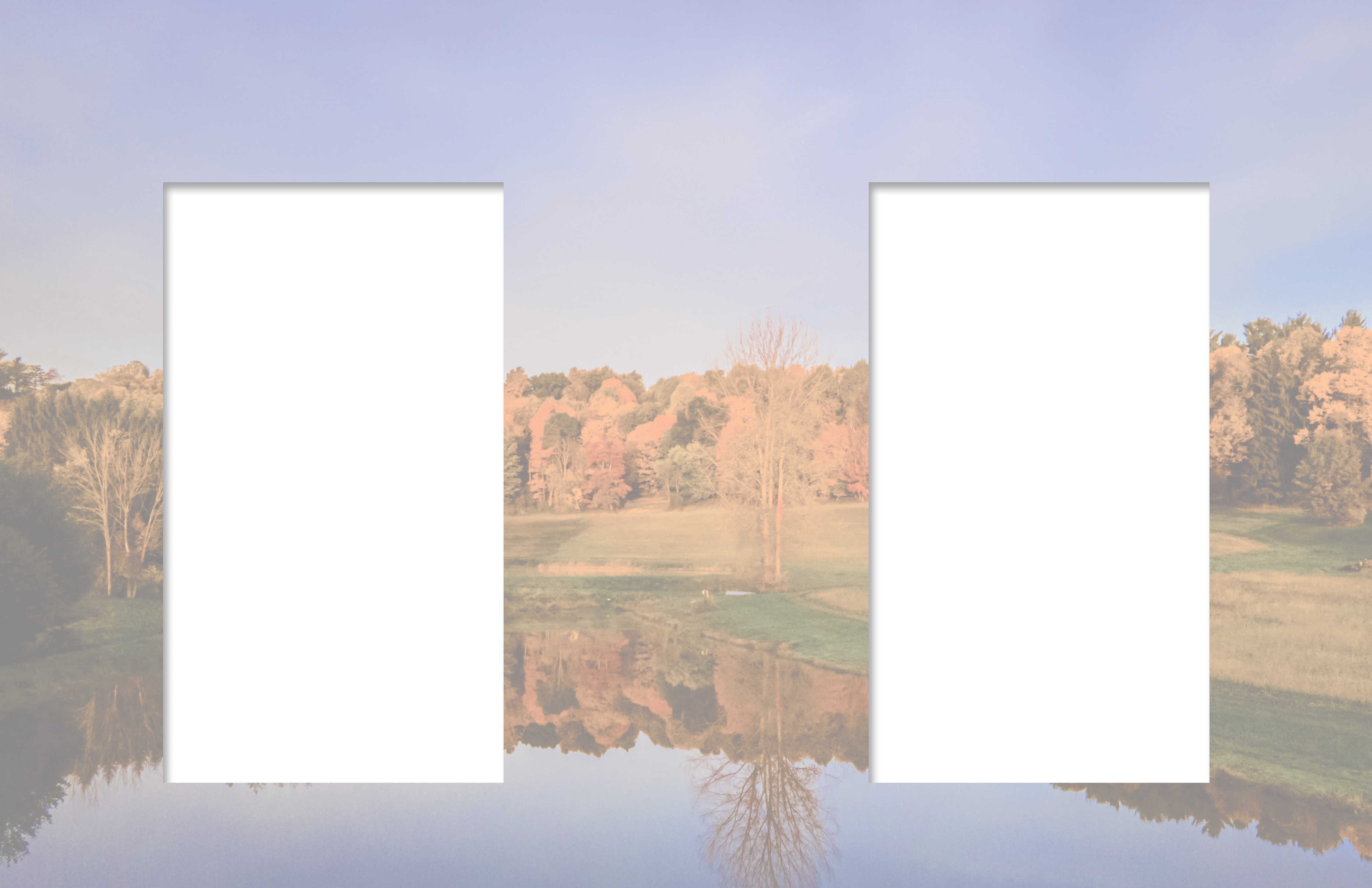 An autumn landscape reflected in a pond across a two-page spread