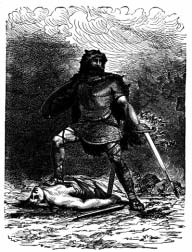 An armed figure standing with a shield and sword.