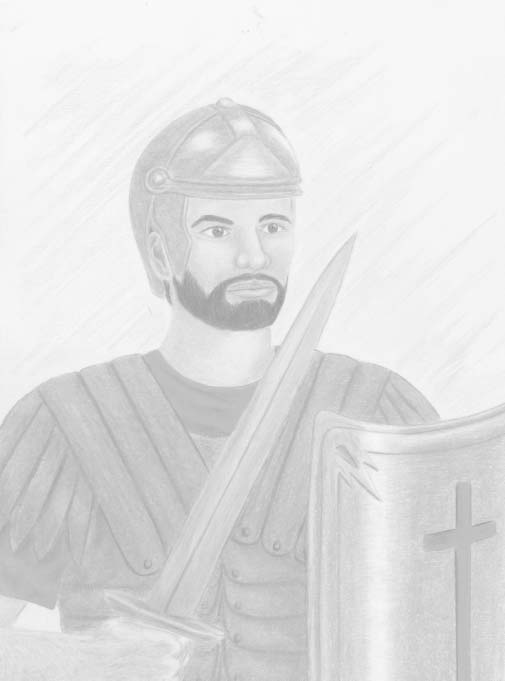An armored soldier holds a sword and a shield marked with a cross.