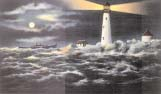 A lighthouse above clouds and waves.