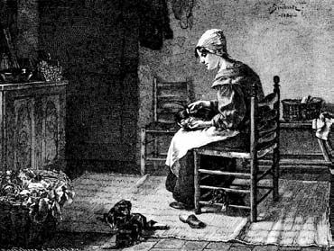 Painting of a woman in a head covering seated indoors