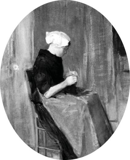 Painting of a seated woman wearing a head covering