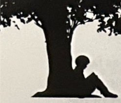 Silhouette of a child reading beneath a tree.
