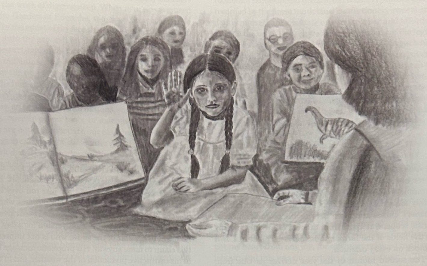 A girl raises her hand among children listening to a teacher with dinosaur pictures.