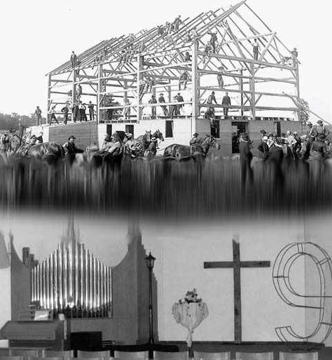A barn raising above a church interior with an organ, pulpit, and cross
