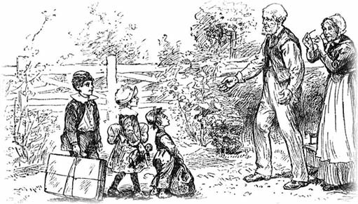 Children arrive with luggage as an elderly couple stand by a garden gate