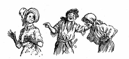 Three people mock or gesture at an older woman