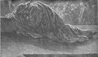 A figure kneeling in prayer with others nearby