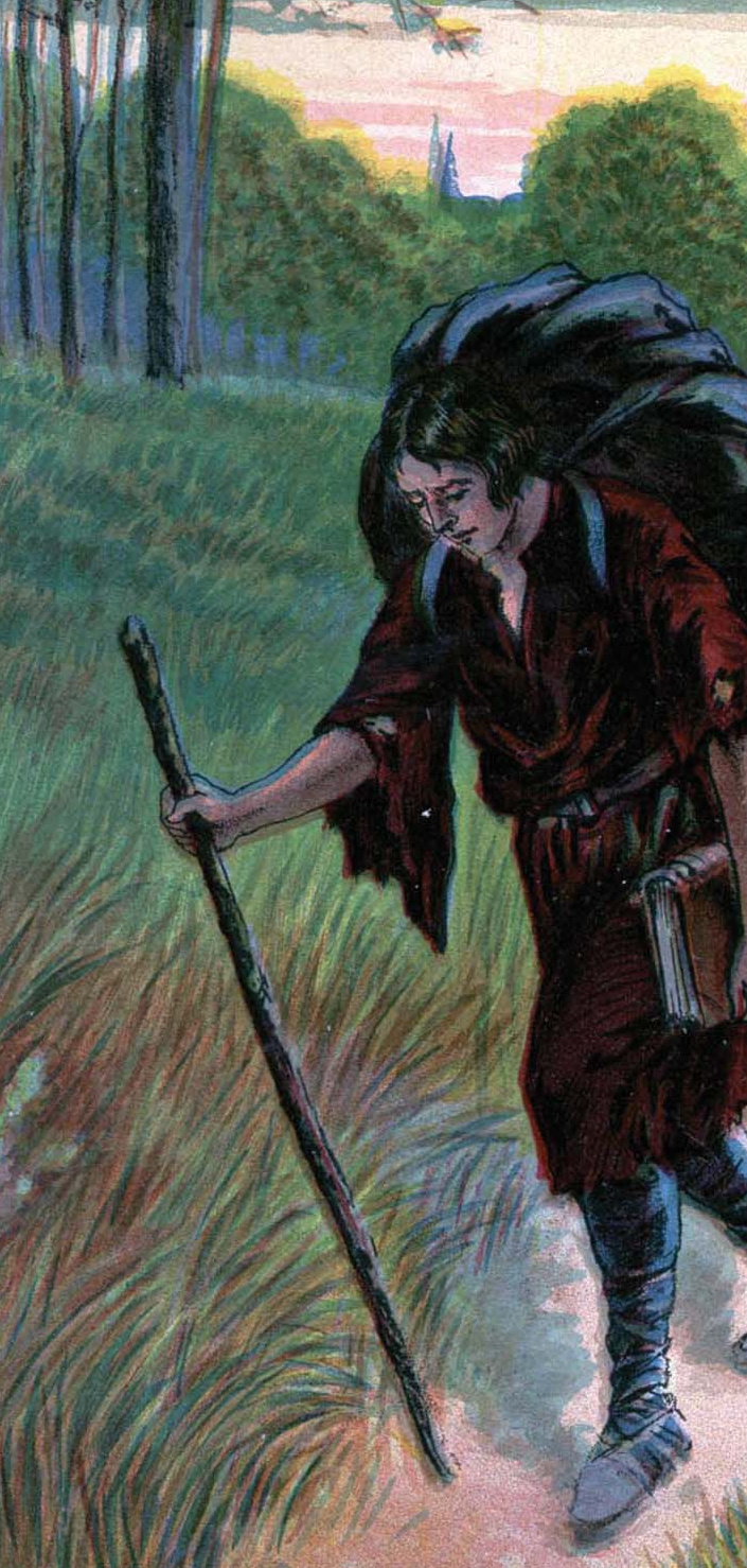 A man walking with a staff while bent beneath a large burden