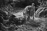 Adam and Eve walking through a dark wooded landscape.