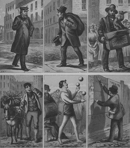 Six engraved scenes of people engaged in everyday activities