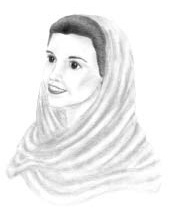 A woman wearing a scarf over her head.