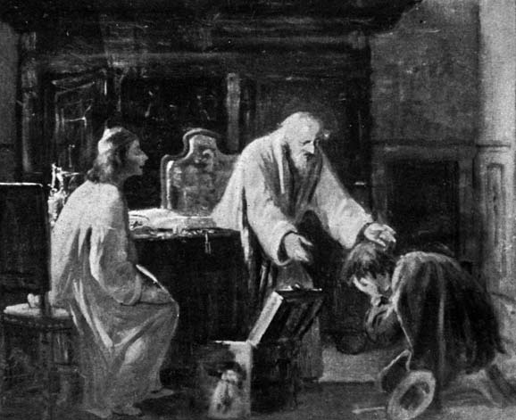 An older bearded man places his hands on a kneeling man’s head while a woman sits nearby