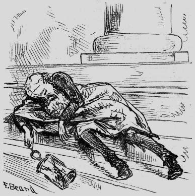 A man asleep against a stone column
