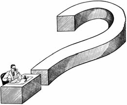 A seated man at a desk beside a large question mark