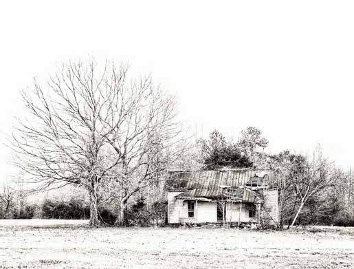 An old house and bare trees in a snowy field