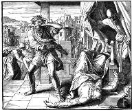 Engraving of armed men confronting one another in a room