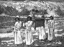 Group of people standing outside a small rural building