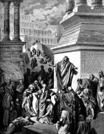 Engraving of a standing speaker addressing a gathered crowd among monumental buildings.