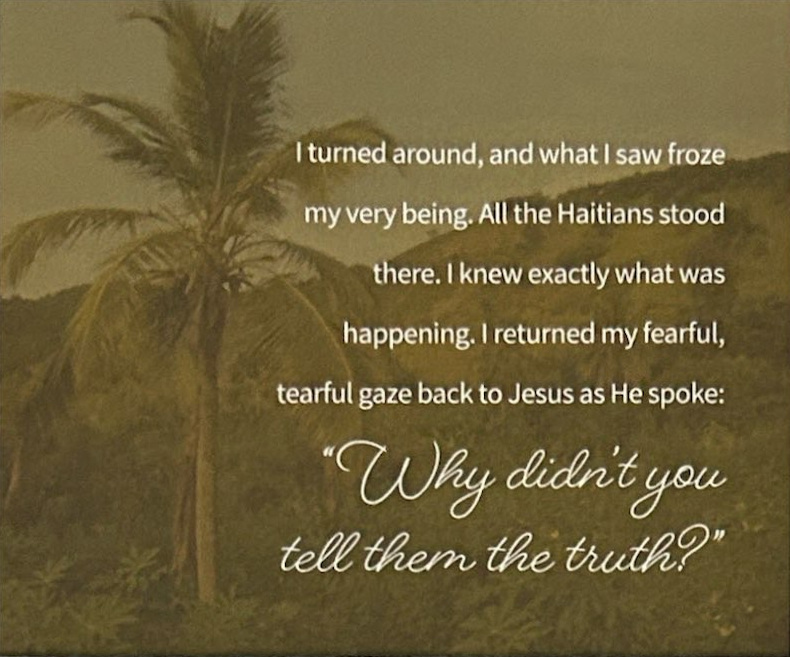 A palm tree before a hillside, with the printed pull quote over the photograph.