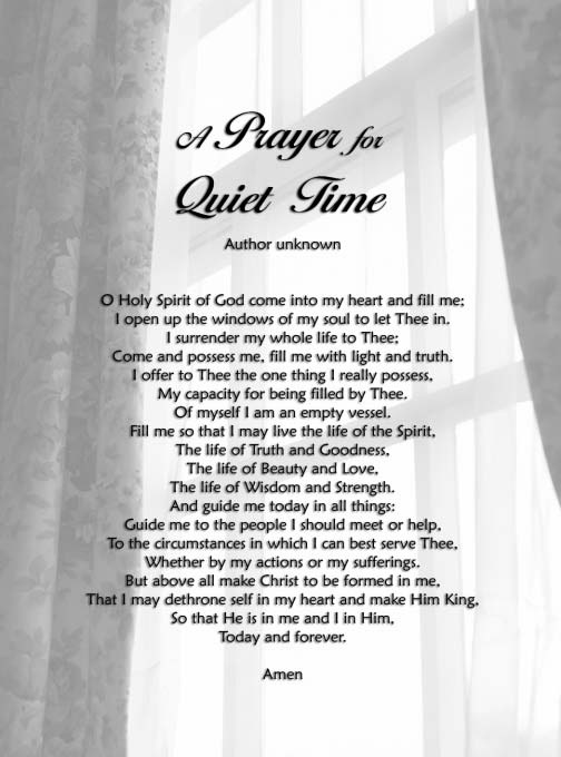 The printed prayer over a photograph of light entering a curtained window.