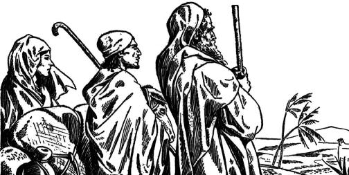 Three robed figures looking across a landscape