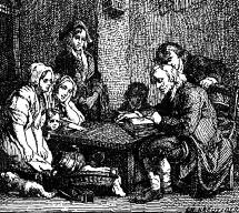 A family gathered around a table while a man reads to them