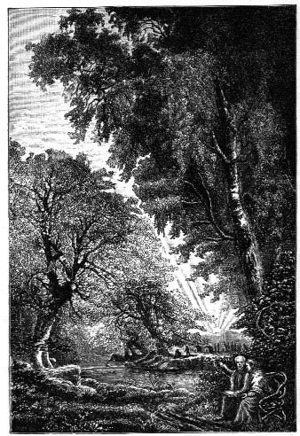 A person seated beneath tall trees