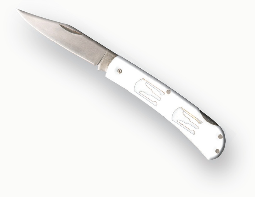 Open white-handled pocket knife with a metal blade