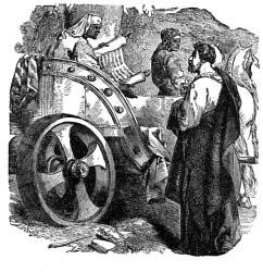 A robed man standing beside a chariot and its seated passenger.