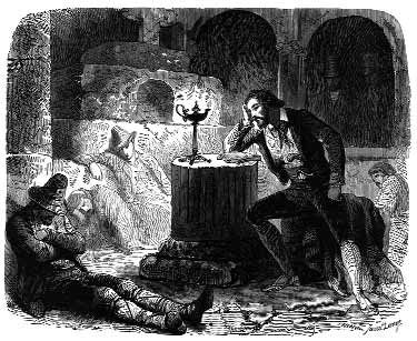 An engraving of a man awake among sleeping people