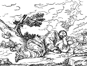 An engraving of a resting man beneath a tree