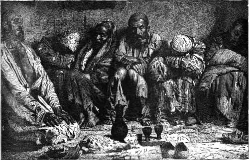 An engraving of a group of people gathered around a low table