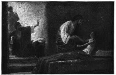 A dark engraving of a seated figure reaching toward a person lying down