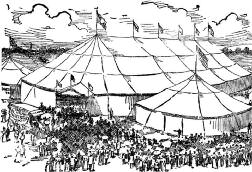 Large revival tents surrounded by a crowd