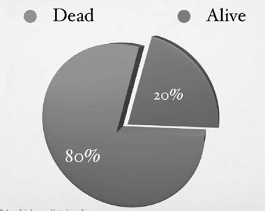 Pie chart showing 80 percent of Hutterite missionaries dead and 20 percent alive