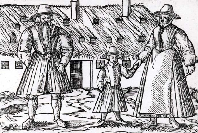 Old woodcut showing Hutterite dress and housing