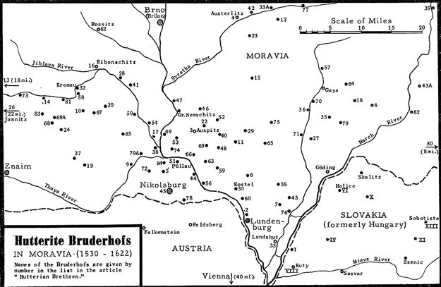 Map of Hutterite Bruderhofs in Moravia from 1530 to 1622