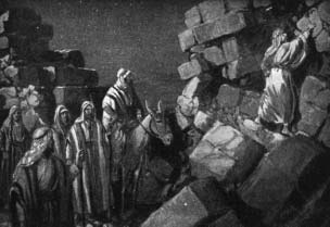 A mounted man and companions beside a ruined stone wall.