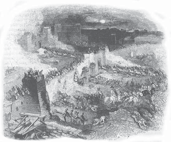 A historical engraving of destruction outside a fortified city