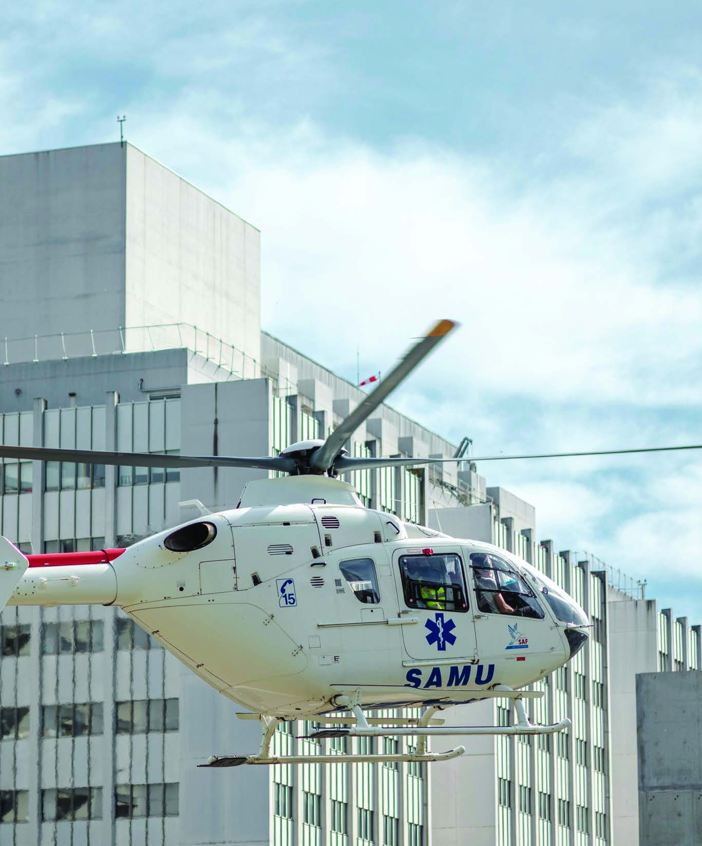 A medical helicopter outside a hospital