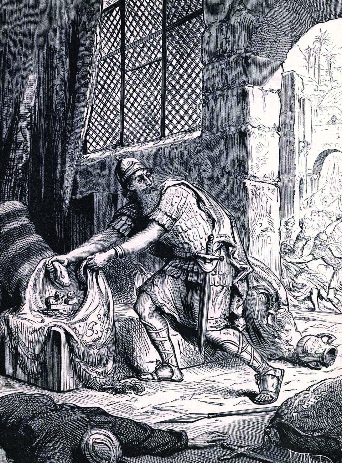 An engraving of Achan taking spoils during a battle