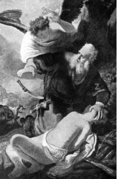 An angel restrains Abraham above Isaac on an altar.