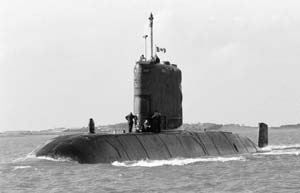 A submarine traveling on the surface of the sea