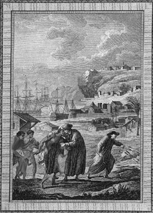 A historical illustration of a Quaker embracing a Native person in Pennsylvania