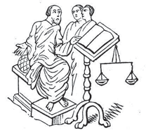 Line drawing of a judge, law book, and scales