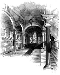 An illustration of a church interior with arches, pews, and a pulpit.