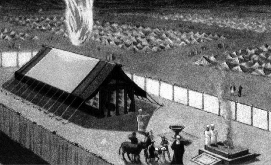The tabernacle surrounded by tents, with a pillar rising above it